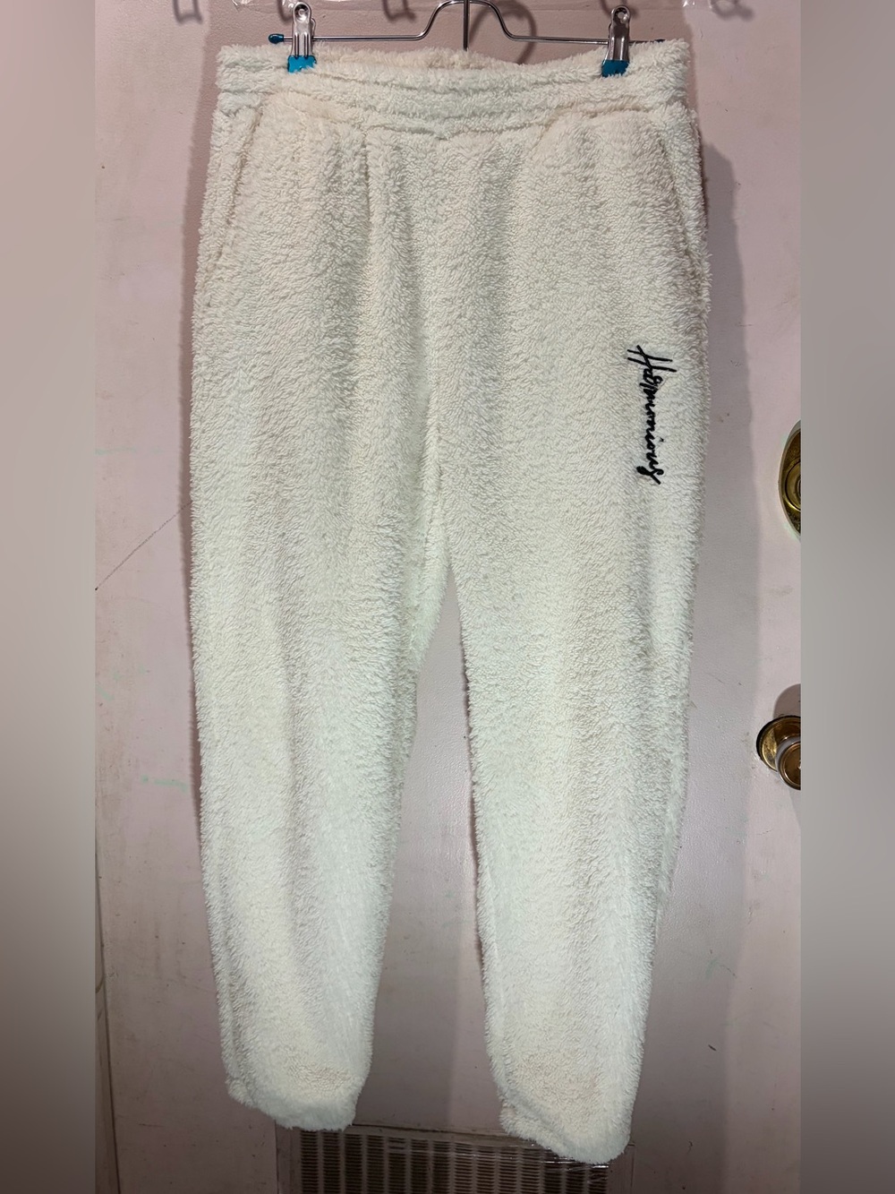 SHEIN White Plush Fleece Jogger Pants with Black Script